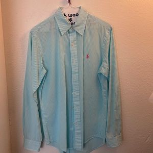 Turquoise and white stripe polo long sleeve button down size small